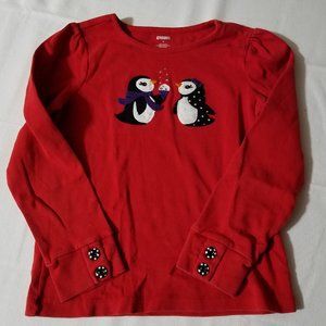 Gymboree Size 7 Penguin Red Long Sleeve Shirt VGUC-GUC Wash fade.
